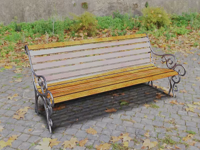 Wooden Bench With Metal Armrests On Stone Paved Path With Fallen Leaves 3d model