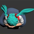 3D Anime Character With Turquoise Long Hair Red Bow Tie And Blue Skirt