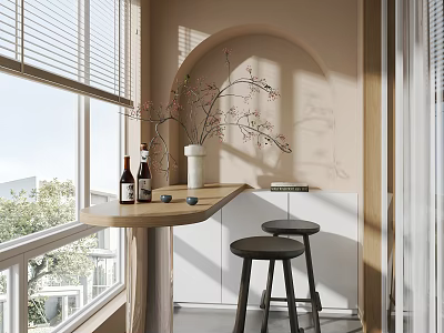 Home Balcony with Louvered Blinds Arched Design Flower Branch Vase Counter and Stools Overlooking Trees 3d model