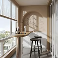 Home Balcony with Louvered Blinds Arched Design Flower Branch Vase Counter and Stools Overlooking Trees