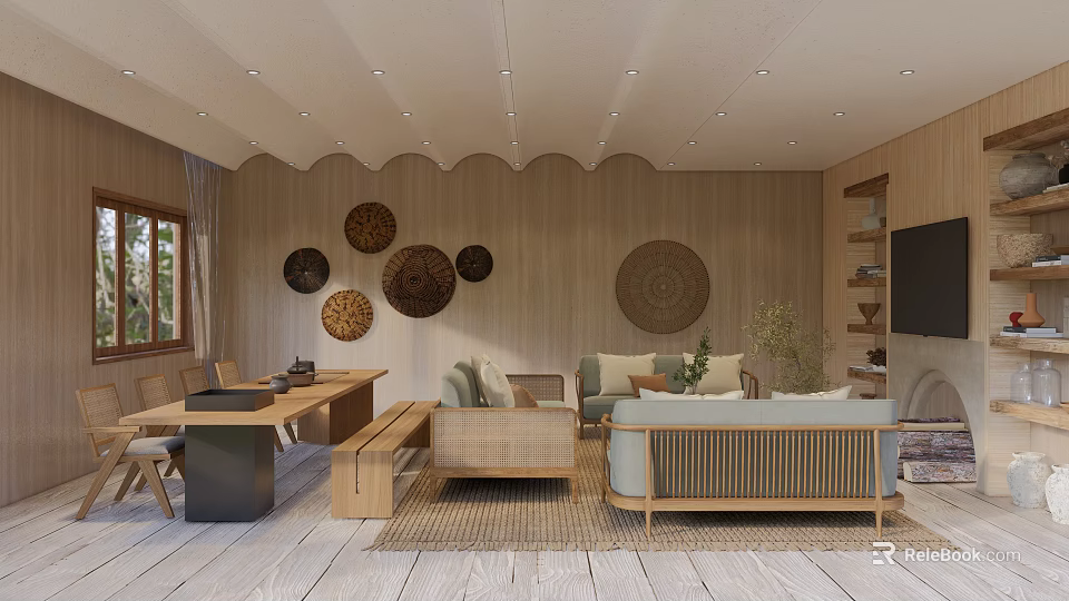 Modern Living Room with Wooden Walls Circular Decor Cozy Sofa and Natural Light 3d model 
