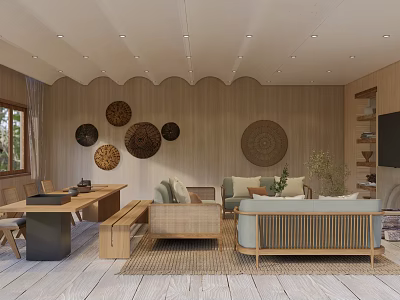 Modern Living Room with Wooden Walls Circular Decor Cozy Sofa and Natural Light 3d model