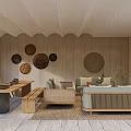 Modern Living Room with Wooden Walls Circular Decor Cozy Sofa and Natural Light