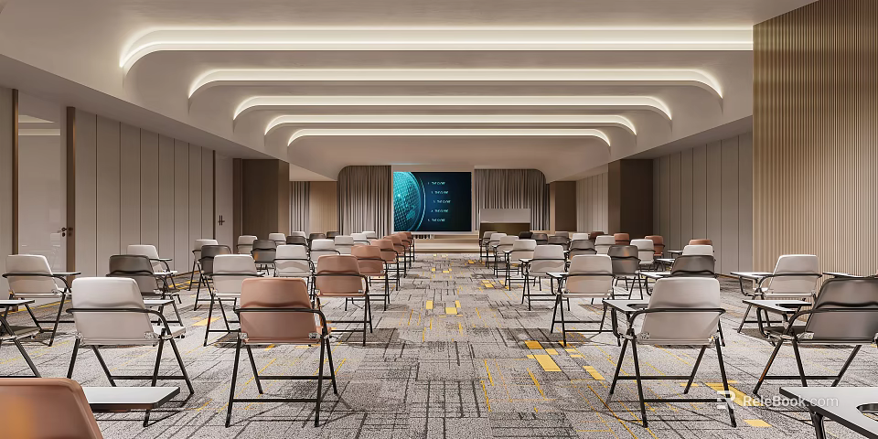 Modern Conference Room Interior With Arranged Chairs Large Screen And Curved Ceiling Lighting 3d model 