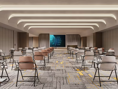 Modern Conference Room Interior With Arranged Chairs Large Screen And Curved Ceiling Lighting 3d model