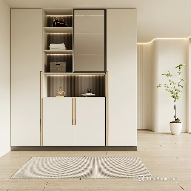 Modern Minimalist Shoe Cabinet Interior Design With White Finish And Gold Handles 3d model 