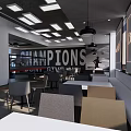 Modern Champions Themed Restaurant Interior With White Tables Gray Chairs Booth Seats And Ceiling Lights