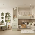 Soft Toned Kids Room Interior Design With Bunk Bed Study Desk Stuffed Toys And Moon Decor