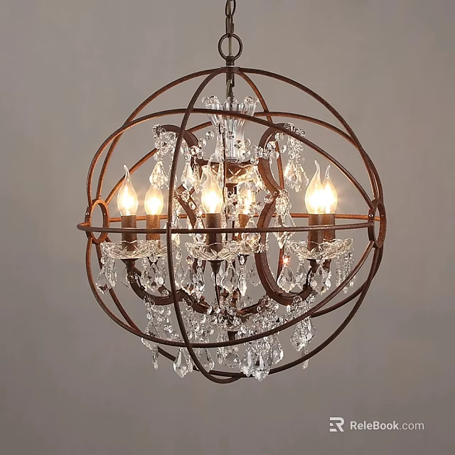 Rustic Metal Sphere Chandelier with Hanging Crystal Decorations and Lit Candle Style Bulbs 3d model 