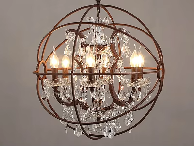 Rustic Metal Sphere Chandelier with Hanging Crystal Decorations and Lit Candle Style Bulbs 3d model