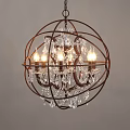Rustic Metal Sphere Chandelier with Hanging Crystal Decorations and Lit Candle Style Bulbs
