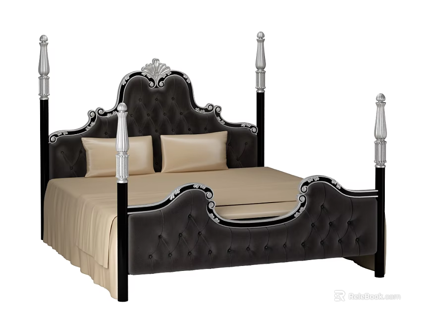 Elegant Double Bed With Silver Posts Tufted Velvet Headboard Carved Design And Beige Mattress 3d model 
