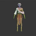 3D Game Character With Teal Hair White Shawl Red Skirt Golden Accents And Sandals