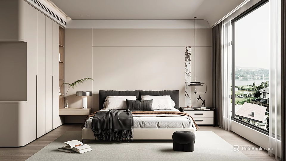 Modern Bedroom Interior Design With Bed Nightstand Window Curtains And Area Rug 3d model 