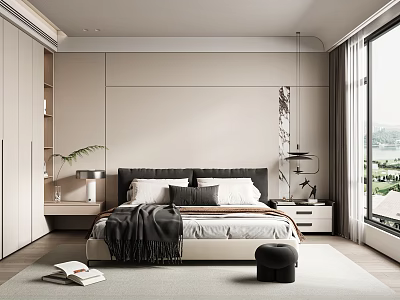 Modern Bedroom Interior Design With Bed Nightstand Window Curtains And Area Rug 3d model