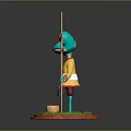 Anthropomorphic Red Eyed Frog In Yellow Red Kimono With Long Staff On Grass Base