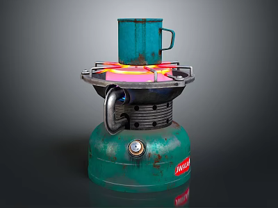 Green Portable Kitchen Gas Stove with Blue Mug on Burning Top 3d model