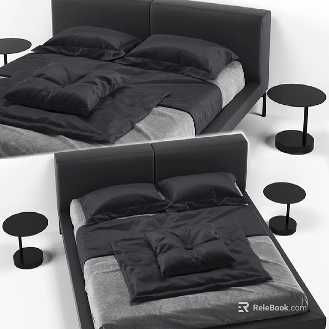 Black Double Bed with Gray Sheets Black Pillows and Small Round Tables 3d model