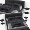 Black Double Bed with Gray Sheets Black Pillows and Small Round Tables 3d model