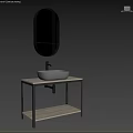 Modern Washbasin Vanity With Stone Basin Wooden Countertop Metal Frame And Oval Mirror