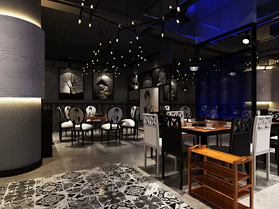 Modern Restaurant Interior Design With Tables Chairs Chandelier Lighting And Patterned Rug 3d model