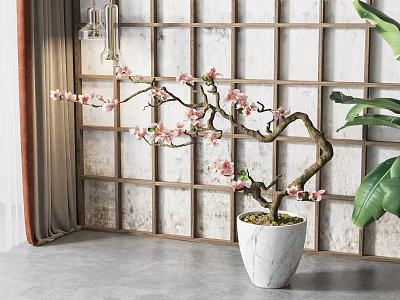 Pink Flower Bonsai Plant With Curved Branches In Marble Pot And Wooden Grid Background 3d model