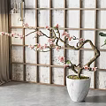Pink Flower Bonsai Plant With Curved Branches In Marble Pot And Wooden Grid Background