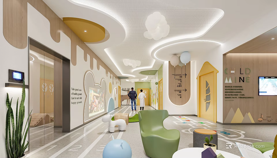 Colorful Children's Corridor With Cloud Pendant Lights Cartoon Wall Decorations And Geometric Floor 3d model 