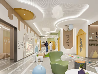 Colorful Children's Corridor With Cloud Pendant Lights Cartoon Wall Decorations And Geometric Floor 3d model