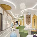 Colorful Children's Corridor With Cloud Pendant Lights Cartoon Wall Decorations And Geometric Floor