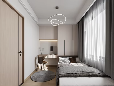 Tatami Bedroom Interior Design With Modern Lighting Desk Chair And Window Curtains 3d model