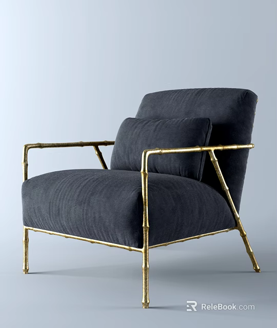 Stylish Single Accent Chair With Gray Velvet Upholstery And Golden Bamboo Shaped Frame 3d model 