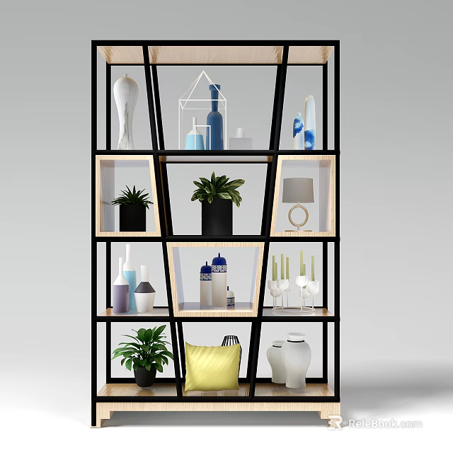 Modern Display Shelving Unit with Green Plants Decorative Vases Lamp and Pillow 3d model 