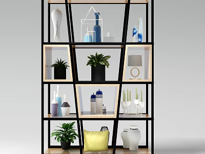 Modern Display Shelving Unit with Green Plants Decorative Vases Lamp and Pillow 3d model
