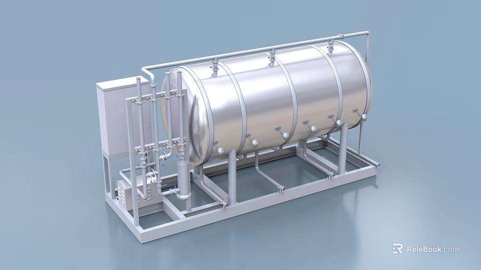 Industrial Equipment Stainless Steel Storage Tank with Metal Frame and Pipeline System 3d model 