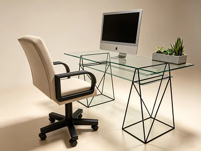 Glass Office Desk with Black Metal Geometric Legs Apple Monitor and Potted Plant Beige Chair 3d model