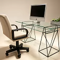 Glass Office Desk with Black Metal Geometric Legs Apple Monitor and Potted Plant Beige Chair