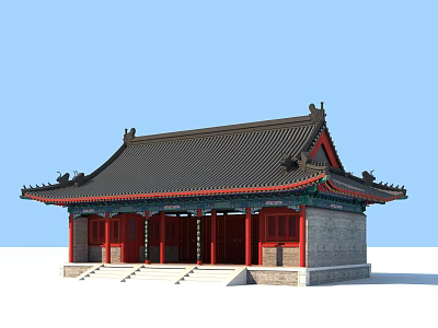 Ancient Chinese Architecture With Black Tiled Roof Red Columns Ornate Eaves And Gray Walls 3d model