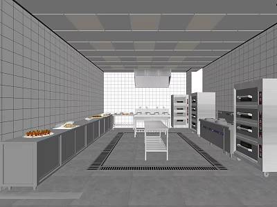 Commercial Kitchen Interior With Tiled Walls Work Tables Ovens And Food Display Counters 3d model