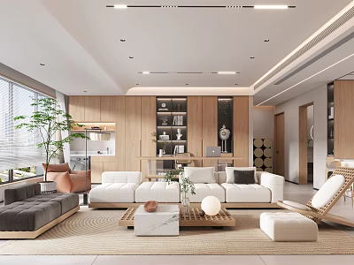 Modern Living and Dining Room With Open Concept Wooden Sofa Coffee Table Large Windows Plant 3d model