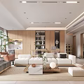 Modern Living and Dining Room With Open Concept Wooden Sofa Coffee Table Large Windows Plant