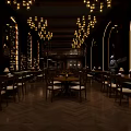 Stylish Bar Interior Design With Hanging Lights Liquor Shelves Round Tables And Chairs