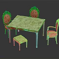 Elegant Dining Table Set With Marble Tabletop Blue Legs And Decorative Upholstered Chairs