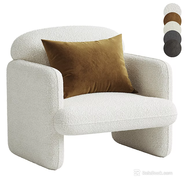 White Bouclé Sofa With Brown Throw Cushion And Minimalist Coffee Table Set 3d model 
