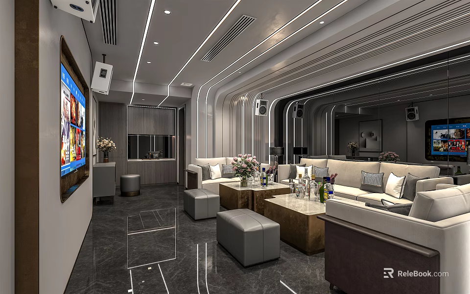 Modern KTV Interior Design With Large Screen Comfortable Sofas And Ambient Lighting 3d model