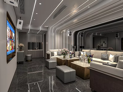 Modern KTV Interior Design With Large Screen Comfortable Sofas And Ambient Lighting 3d model