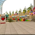 Vibrant Commercial Street Entrance with Tall Buildings Colorful Decorations Palm Trees and Vans