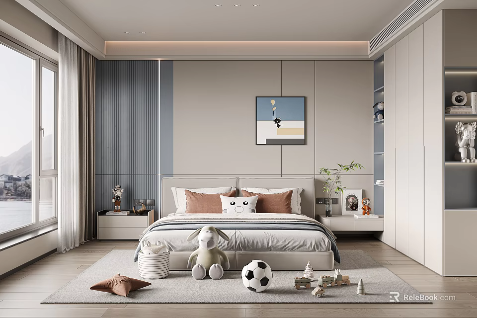Modern Kids Room Interior With Bed Pillows Stuffed Elephant Soccer Ball And Toys 3d model 