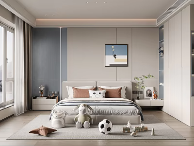 Modern Kids Room Interior With Bed Pillows Stuffed Elephant Soccer Ball And Toys 3d model
