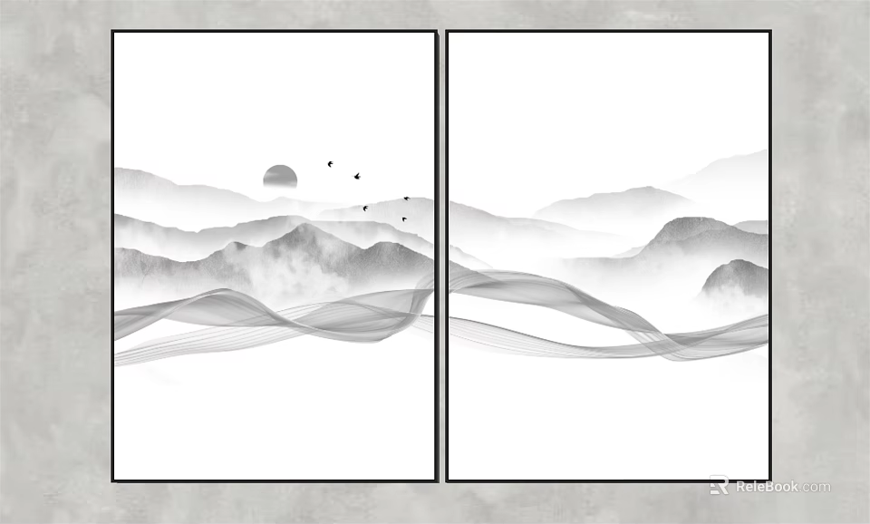 Black and White Landscape Painting with Rolling Mountains Sun Flying Birds and Wavy Lines 3d model 